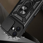 Hybrid Armor Camshield iPhone 17 dėklas su stovu ir fotoaparato dangteliu – juodas