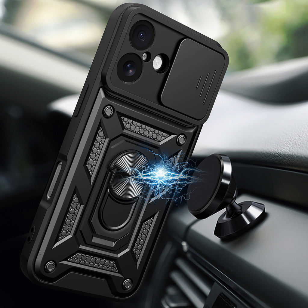 Hybrid Armor Camshield iPhone 17 dėklas su stovu ir fotoaparato dangteliu – juodas