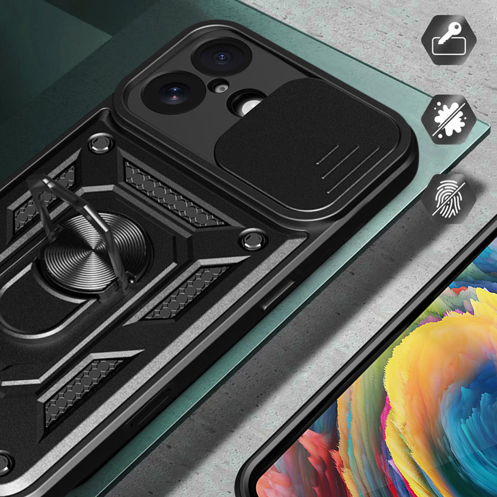 Hybrid Armor Camshield iPhone 17 dėklas su stovu ir fotoaparato dangteliu – juodas