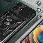 Hybrid Armor Camshield iPhone 17 dėklas su stovu ir fotoaparato dangteliu – juodas