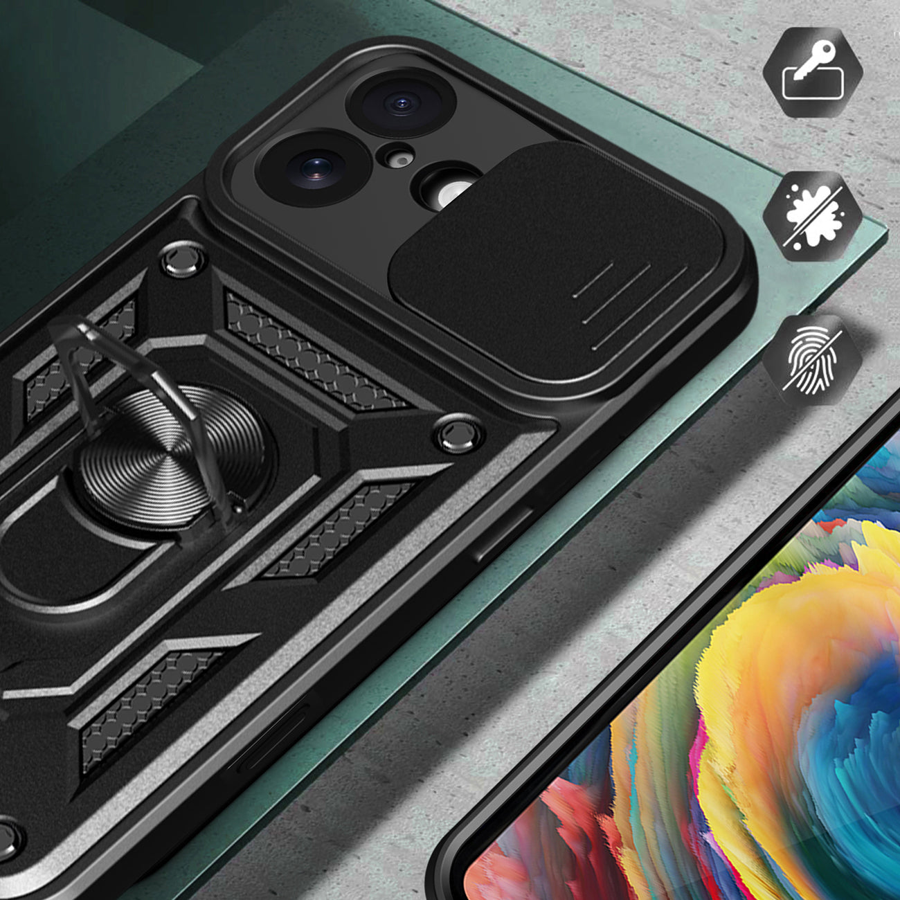 Hybrid Armor Camshield iPhone 17 dėklas su stovu ir fotoaparato dangteliu – juodas