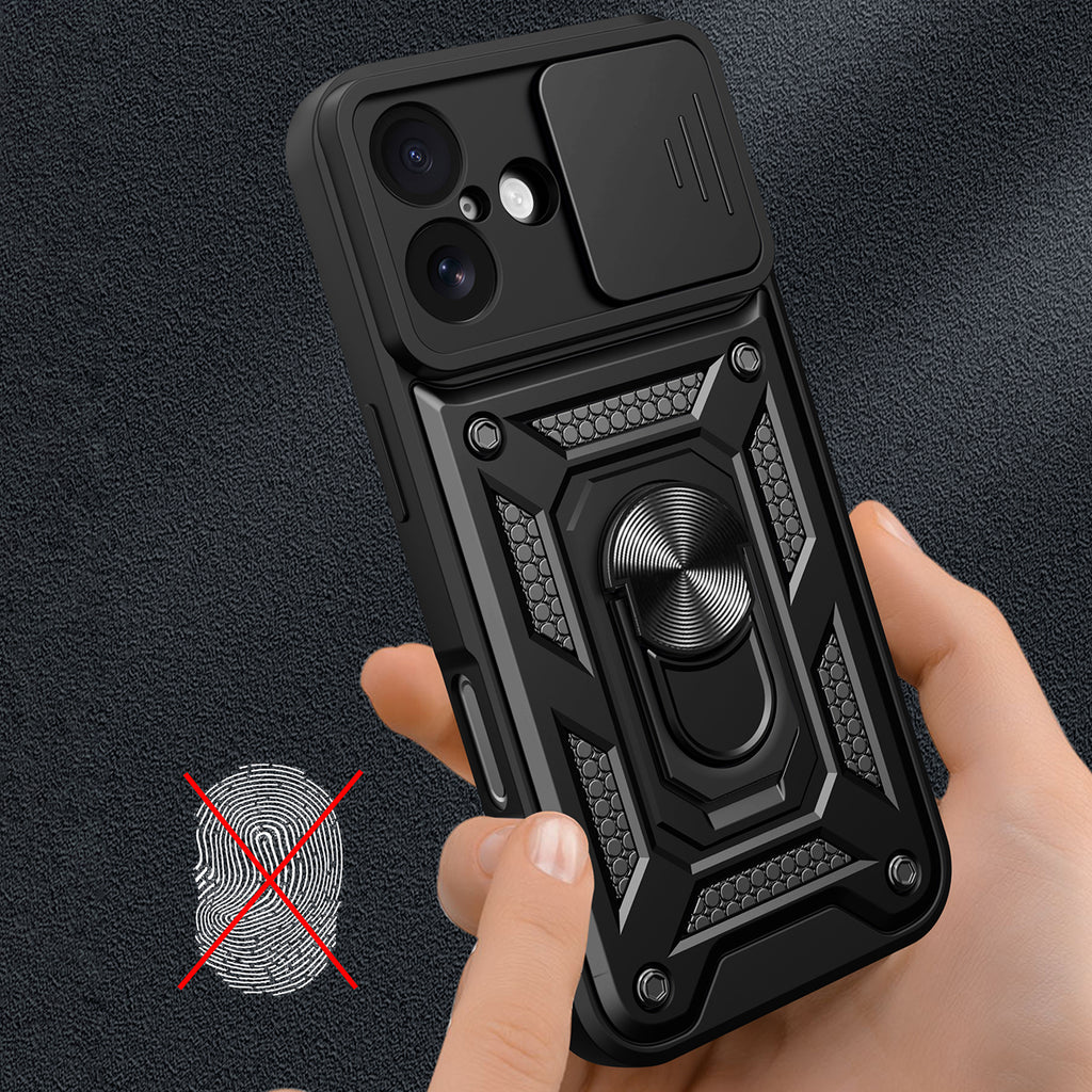 Hybrid Armor Camshield iPhone 17 dėklas su stovu ir fotoaparato dangteliu – juodas