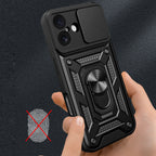 Hybrid Armor Camshield iPhone 17 dėklas su stovu ir fotoaparato dangteliu – juodas