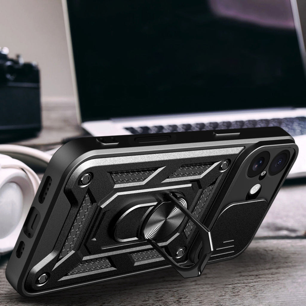 Hybrid Armor Camshield iPhone 17 dėklas su stovu ir fotoaparato dangteliu – juodas