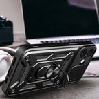 Hybrid Armor Camshield iPhone 17 dėklas su stovu ir fotoaparato dangteliu – juodas