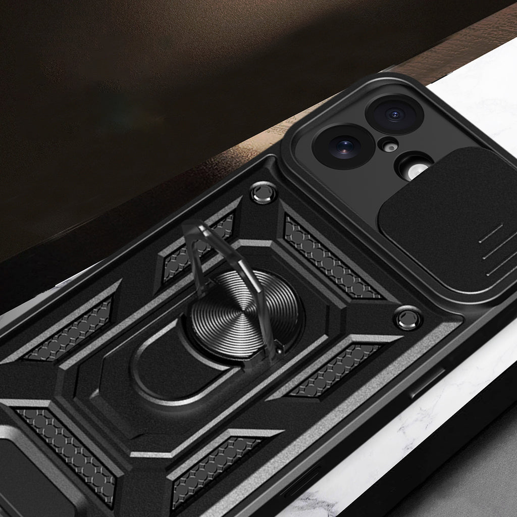 Hybrid Armor Camshield iPhone 17 dėklas su stovu ir fotoaparato dangteliu – juodas