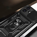 Hybrid Armor Camshield iPhone 17 dėklas su stovu ir fotoaparato dangteliu – juodas