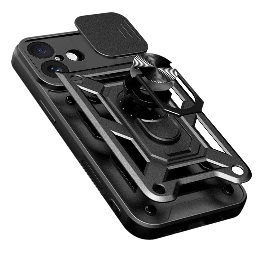 Hybrid Armor Camshield iPhone 17 dėklas su stovu ir fotoaparato dangteliu – juodas