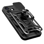 Hybrid Armor Camshield iPhone 17 dėklas su stovu ir fotoaparato dangteliu – juodas