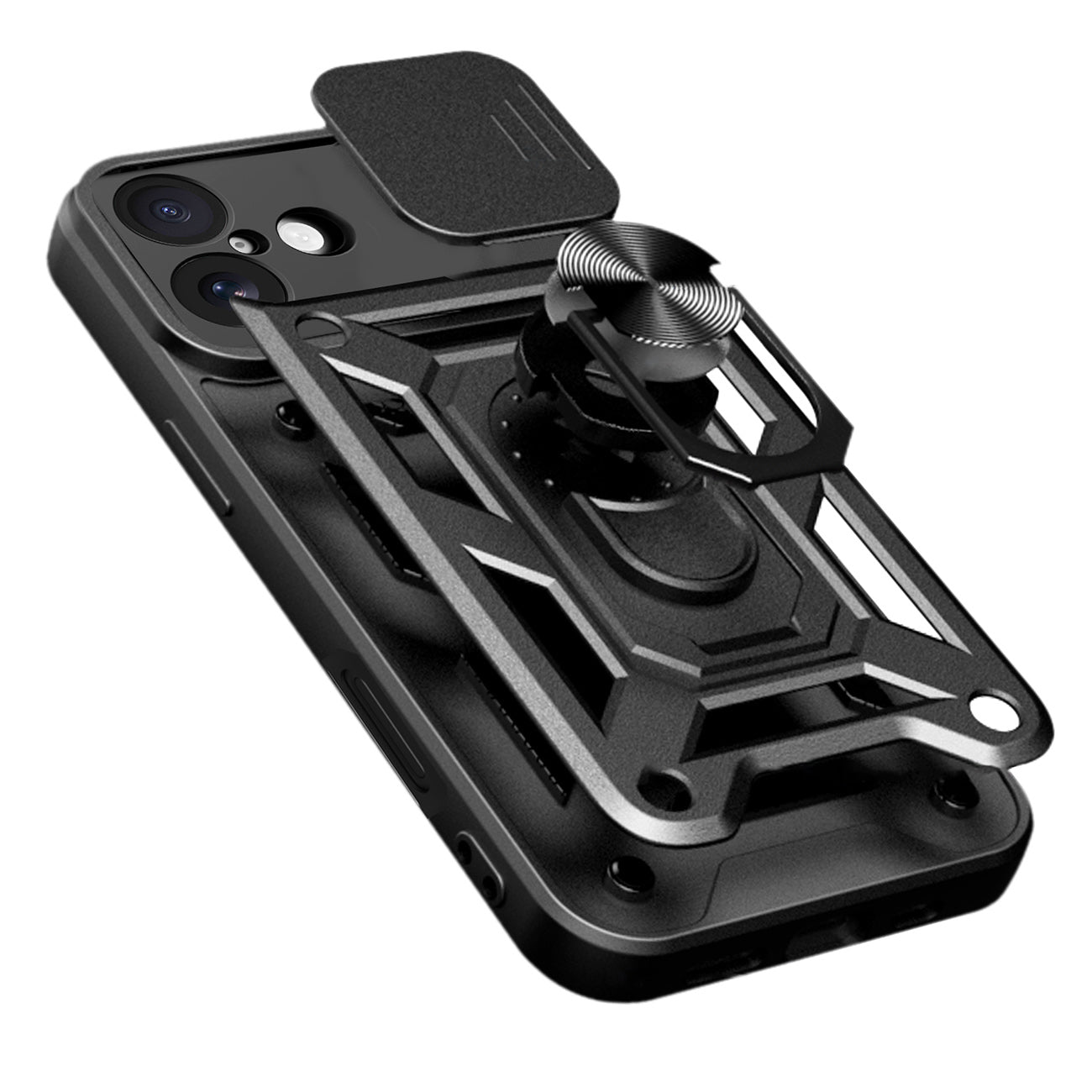Hybrid Armor Camshield iPhone 17 dėklas su stovu ir fotoaparato dangteliu – juodas