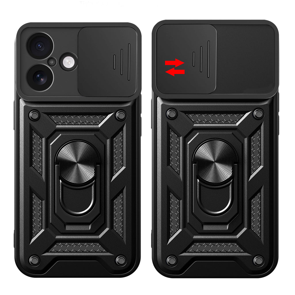Hybrid Armor Camshield iPhone 17 dėklas su stovu ir fotoaparato dangteliu – juodas
