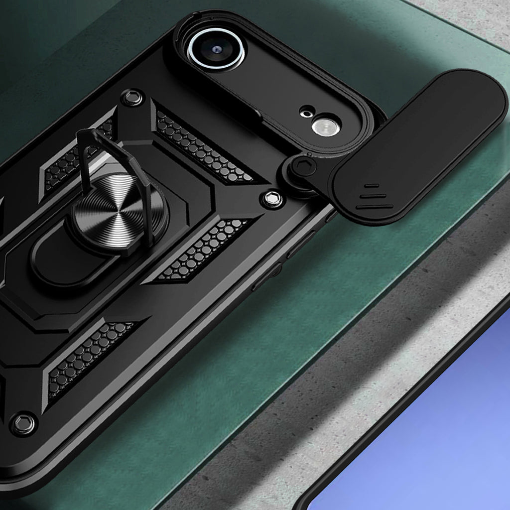 Šarvuotas dėklas iPhone 17 Air su stovu ir kameros dangteliu – juodas
