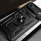 Šarvuotas dėklas iPhone 17 Air su stovu ir kameros dangteliu – juodas