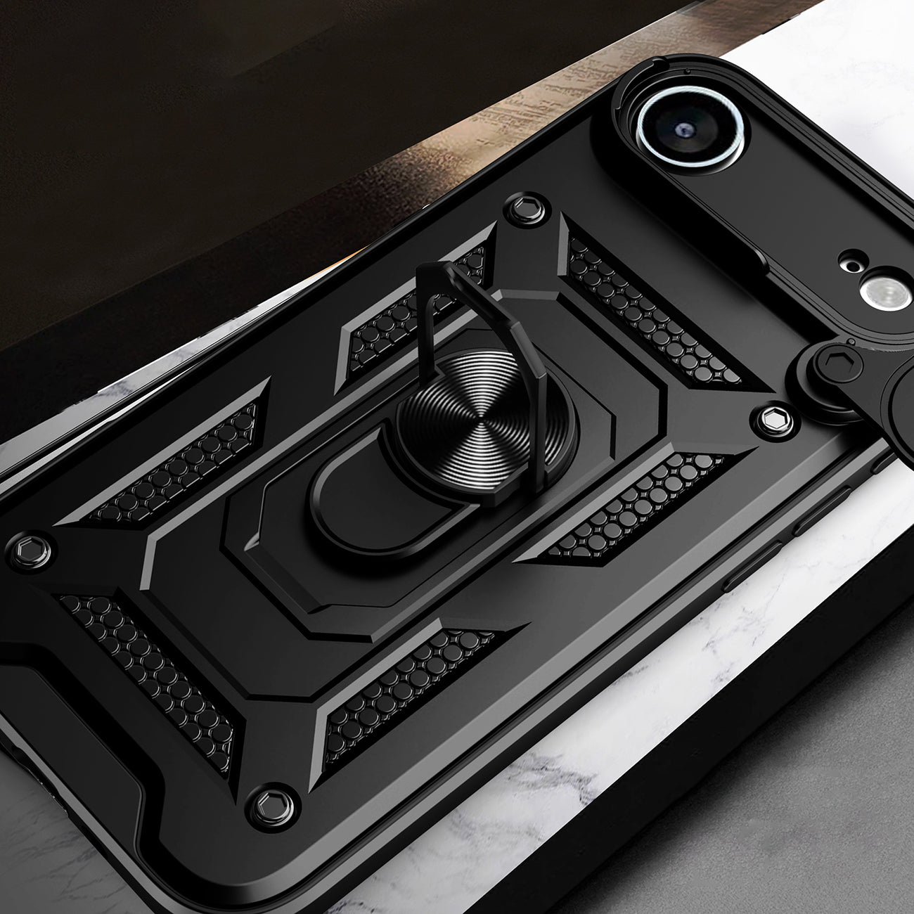Šarvuotas dėklas iPhone 17 Air su stovu ir kameros dangteliu – juodas