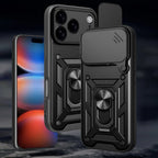 Hybrid Armor Camshield iPhone 17 Pro dėklas su stovu ir fotoaparato dangteliu – juodas