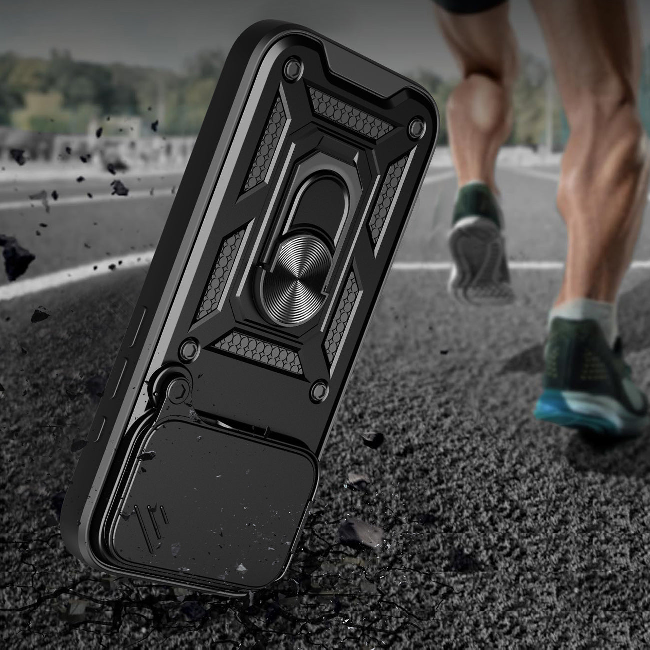 Hybrid Armor Camshield iPhone 17 Pro dėklas su stovu ir fotoaparato dangteliu – juodas