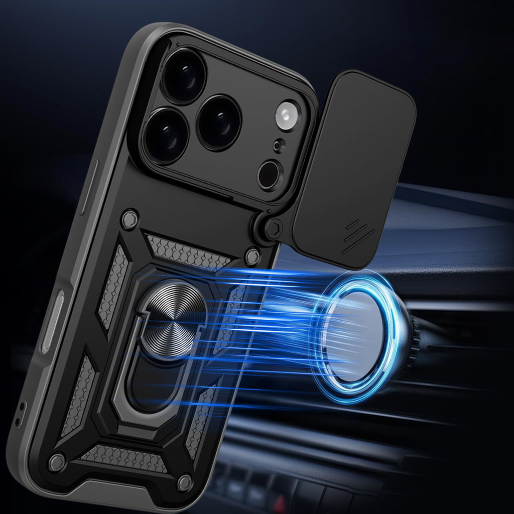Hybrid Armor Camshield iPhone 17 Pro dėklas su stovu ir fotoaparato dangteliu – juodas