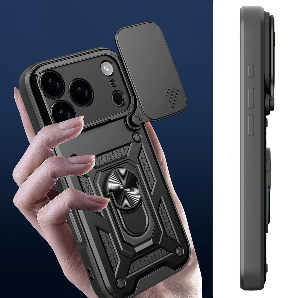 Hybrid Armor Camshield iPhone 17 Pro dėklas su stovu ir fotoaparato dangteliu – juodas
