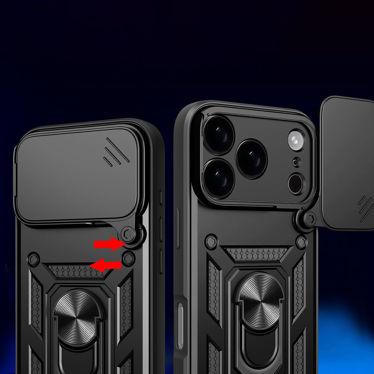 Hybrid Armor Camshield iPhone 17 Pro dėklas su stovu ir fotoaparato dangteliu – juodas