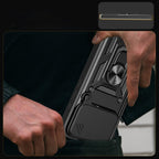 Hybrid Armor Camshield iPhone 17 Pro dėklas su stovu ir fotoaparato dangteliu – juodas