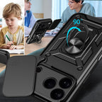 Hybrid Armor Camshield iPhone 17 Pro dėklas su stovu ir fotoaparato dangteliu – juodas