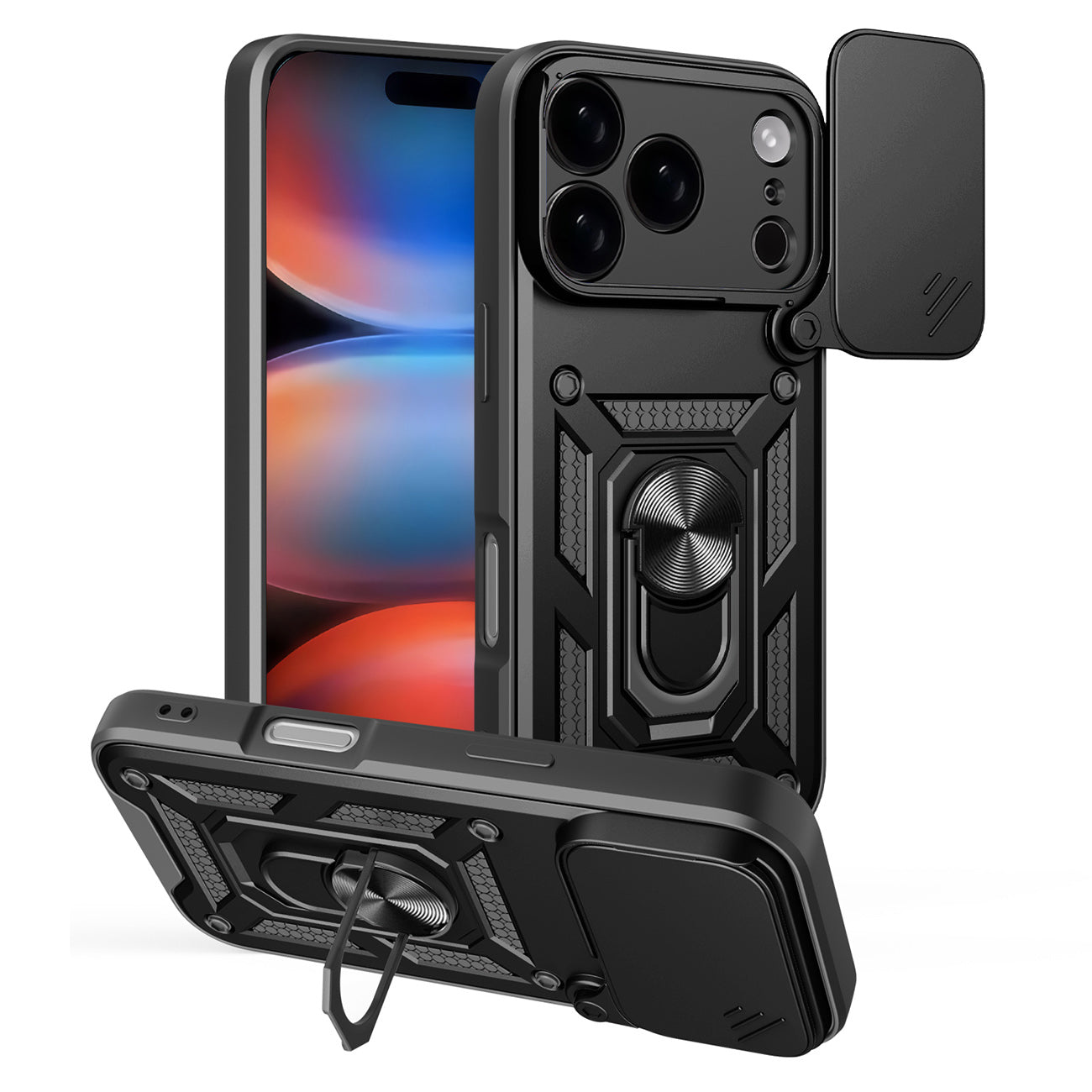 Hybrid Armor Camshield dėklas, skirtas iPhone 17 Pro Max su stovu ir fotoaparato dangteliu – juodas