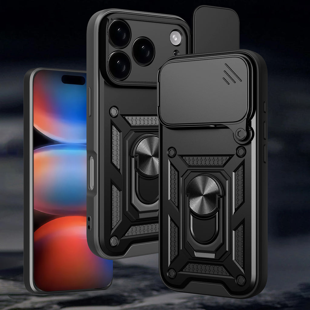 Hybrid Armor Camshield dėklas, skirtas iPhone 17 Pro Max su stovu ir fotoaparato dangteliu – juodas