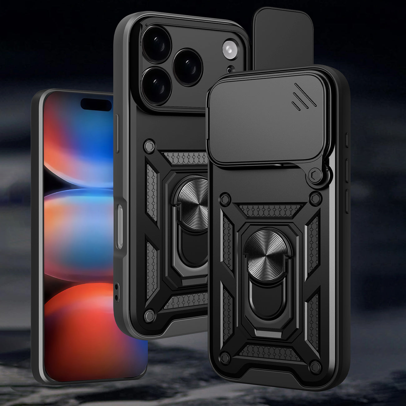 Hybrid Armor Camshield dėklas, skirtas iPhone 17 Pro Max su stovu ir fotoaparato dangteliu – juodas