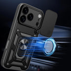 Hybrid Armor Camshield dėklas, skirtas iPhone 17 Pro Max su stovu ir fotoaparato dangteliu – juodas