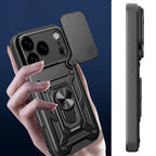 Hybrid Armor Camshield dėklas, skirtas iPhone 17 Pro Max su stovu ir fotoaparato dangteliu – juodas