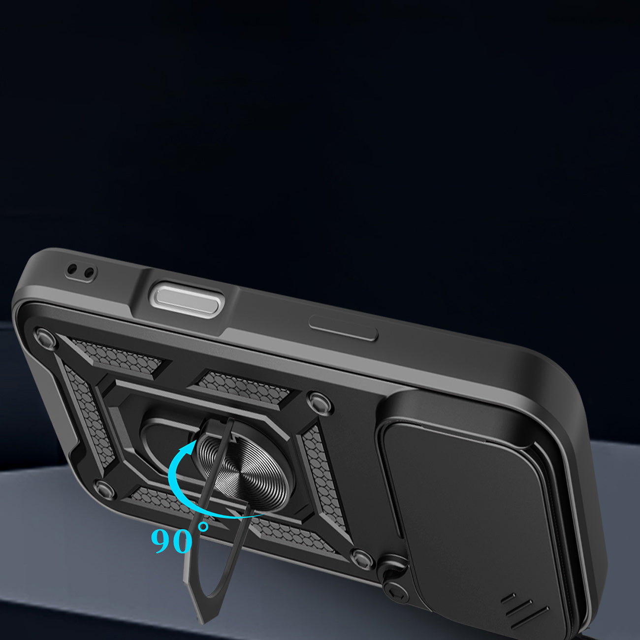 Hybrid Armor Camshield dėklas, skirtas iPhone 17 Pro Max su stovu ir fotoaparato dangteliu – juodas