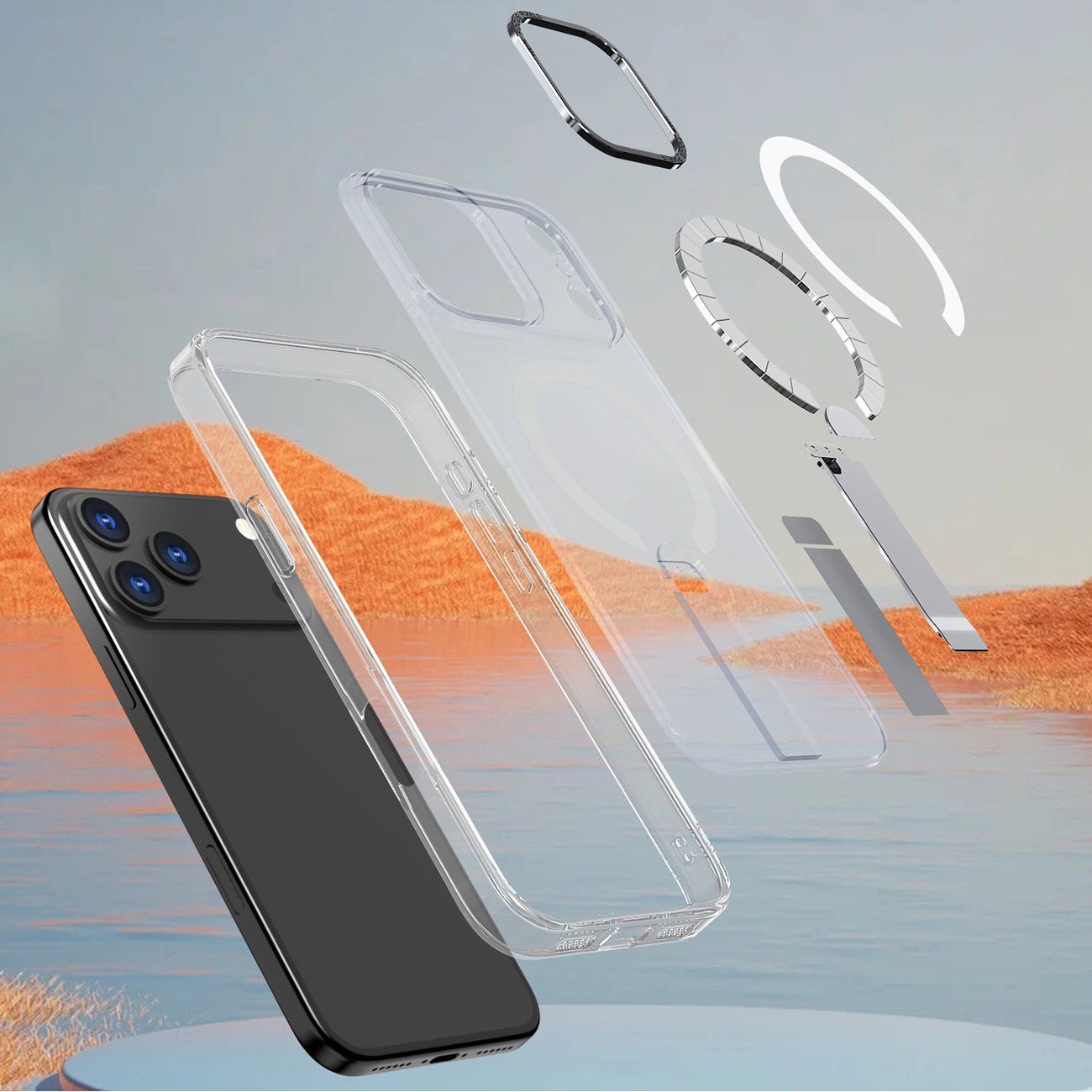 Hybrid Armor X dėklas, skirtas iPhone 17 Pro Max su stovu, suderinamas su MagSafe – skaidrus