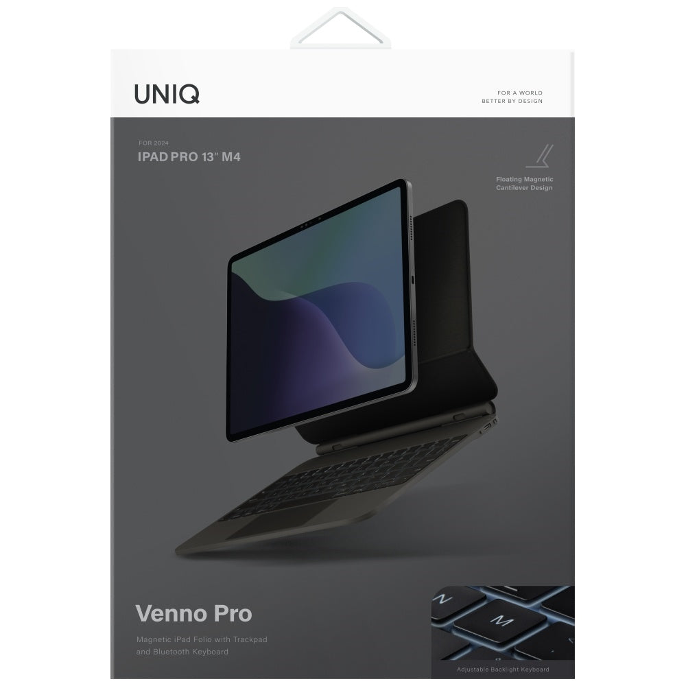 Uniq „Venno Pro“ magnetinis išmanusis dėklas su klaviatūra, skirtas iPad Air 13“ 2024 / 2025 / iPad Pro 13“ 2024 m. – juodas