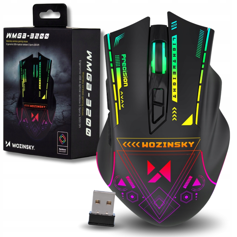 Wozinsky WMGB-3200 belaidis optinis žaidimų pelė su įmontuota išsikraunama baterija 3200 DPI ir RGB apšvietimu - juoda --...