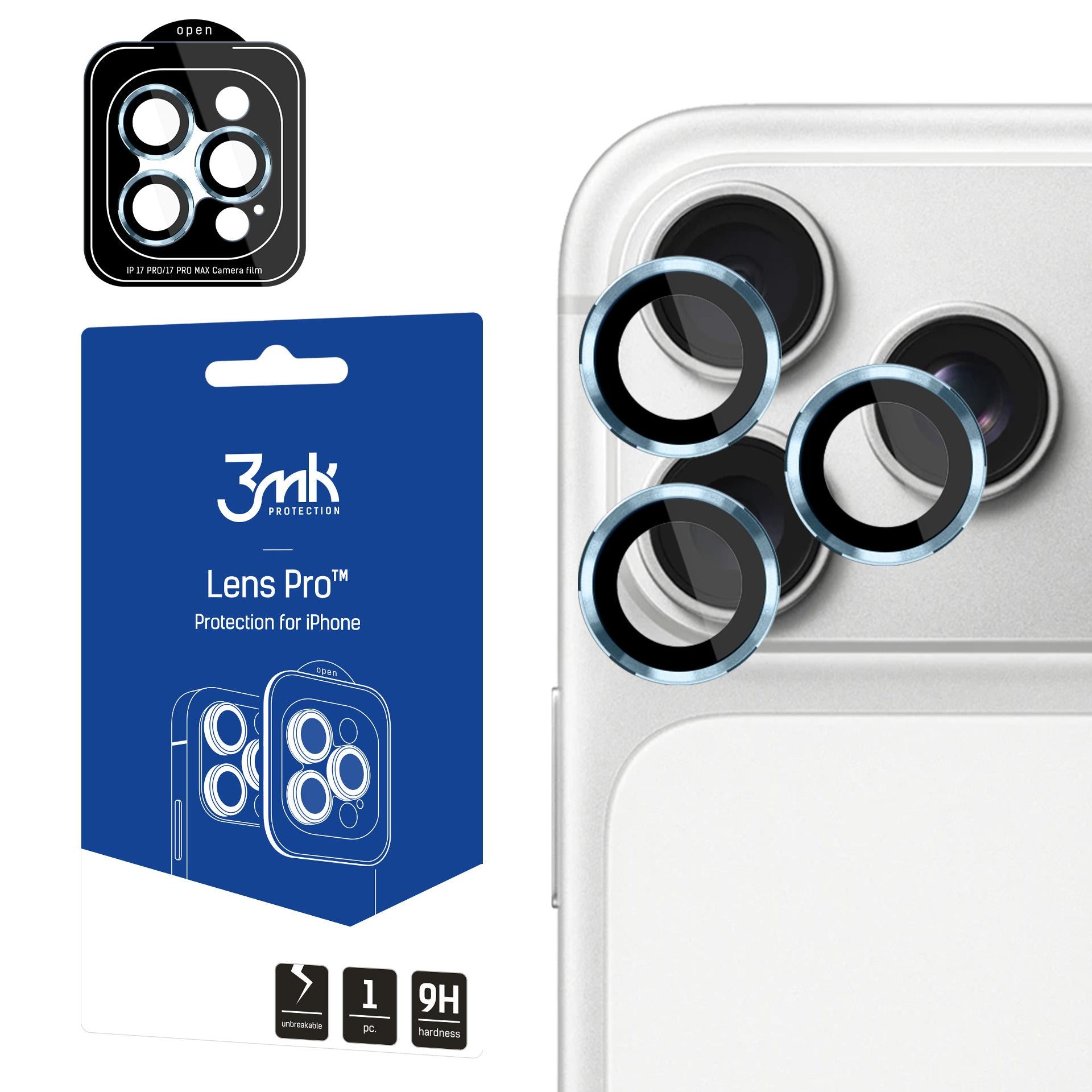 3mk Lens Protection Pro grūdintas stiklas, skirtas iPhone 17 Pro / 17 Pro Max – šviesiai mėlynas