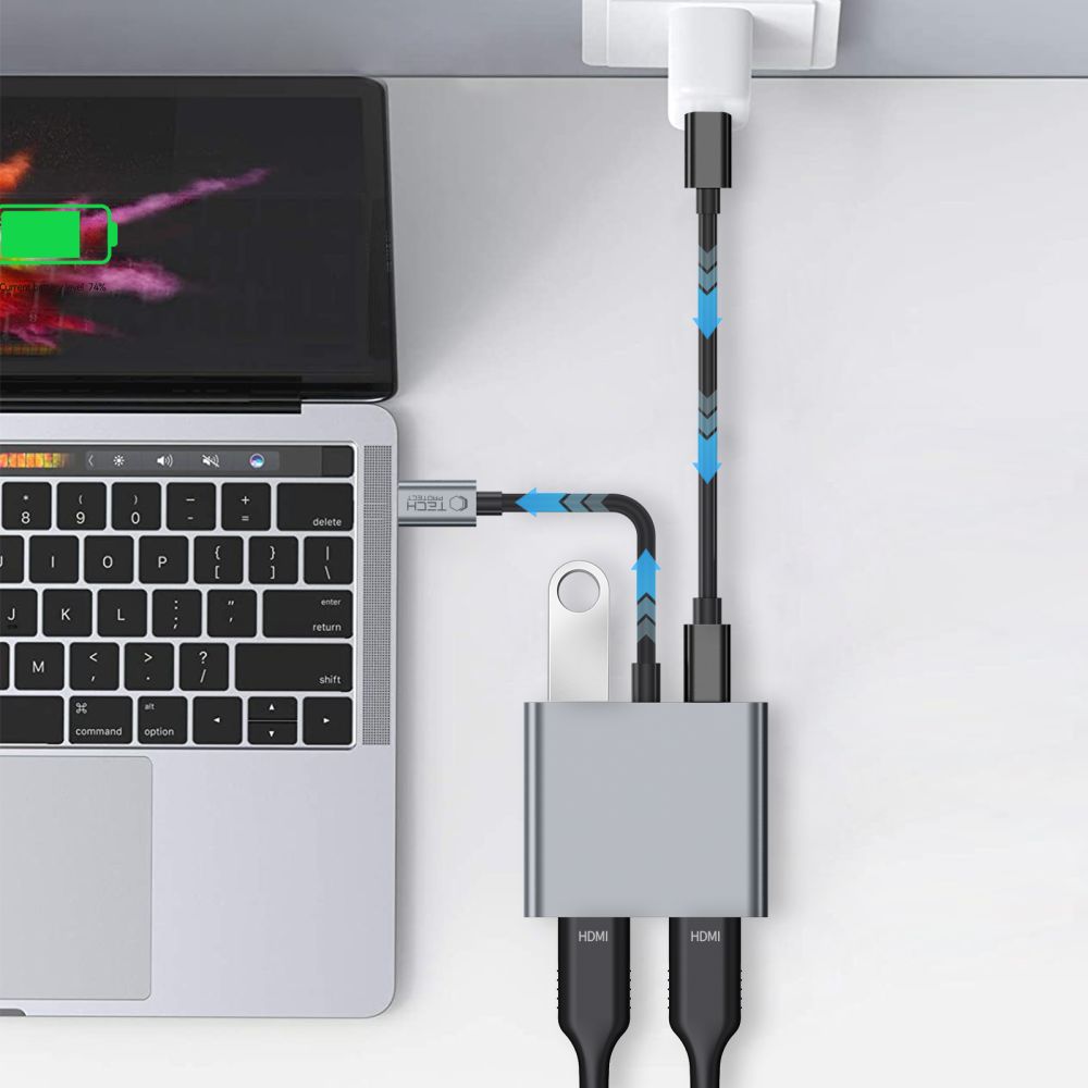 Tech-Protect HB08 4in1 USB-C + USB2.0 + 2 x HDMI 4K 60HZ adapteris - pilkas -- USB Adapters