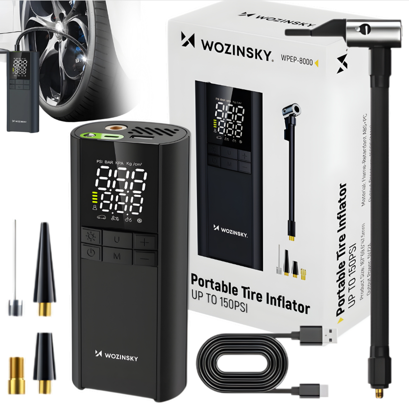 Wozinsky WPEP-8000 kompresorius, elektrinis siurblis, 8000 mAh maitinimo šaltinis, žibintuvėlis - juodas -- Uncategorized