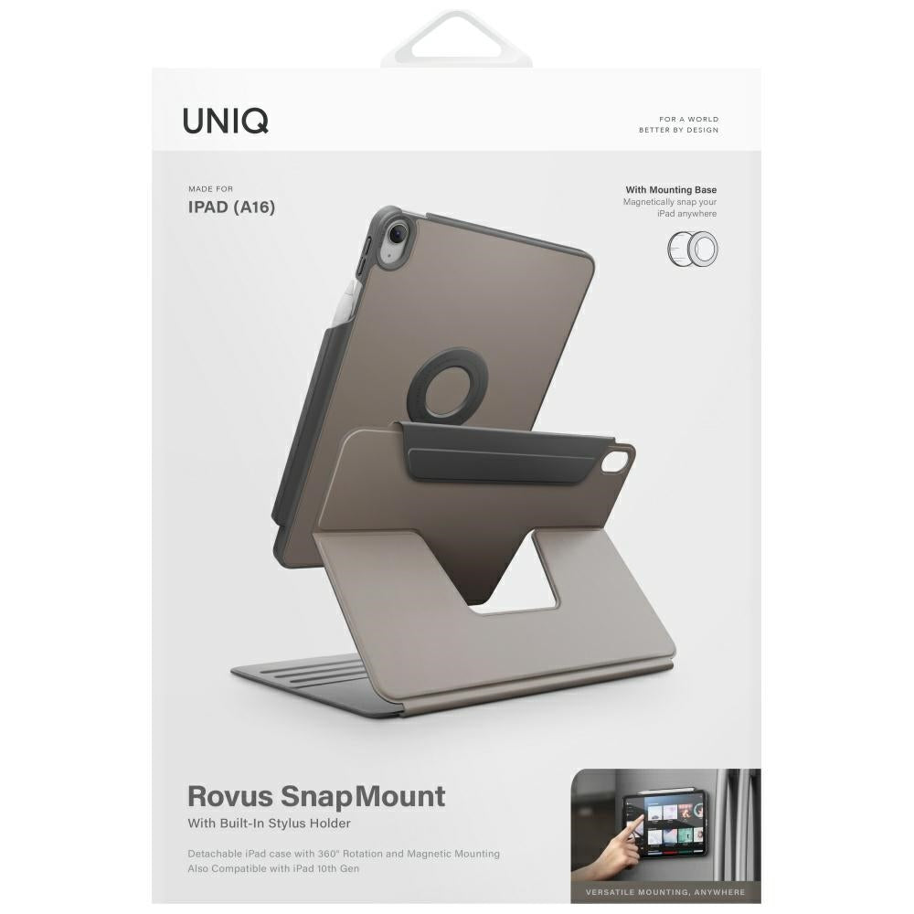 Uniq Rovus Snapmount Magnetic 360 besisukantis nuimamas dėklas, skirtas iPad 11" 2025 / iPad 10.9" 2022 (10 gen.) – pilkas