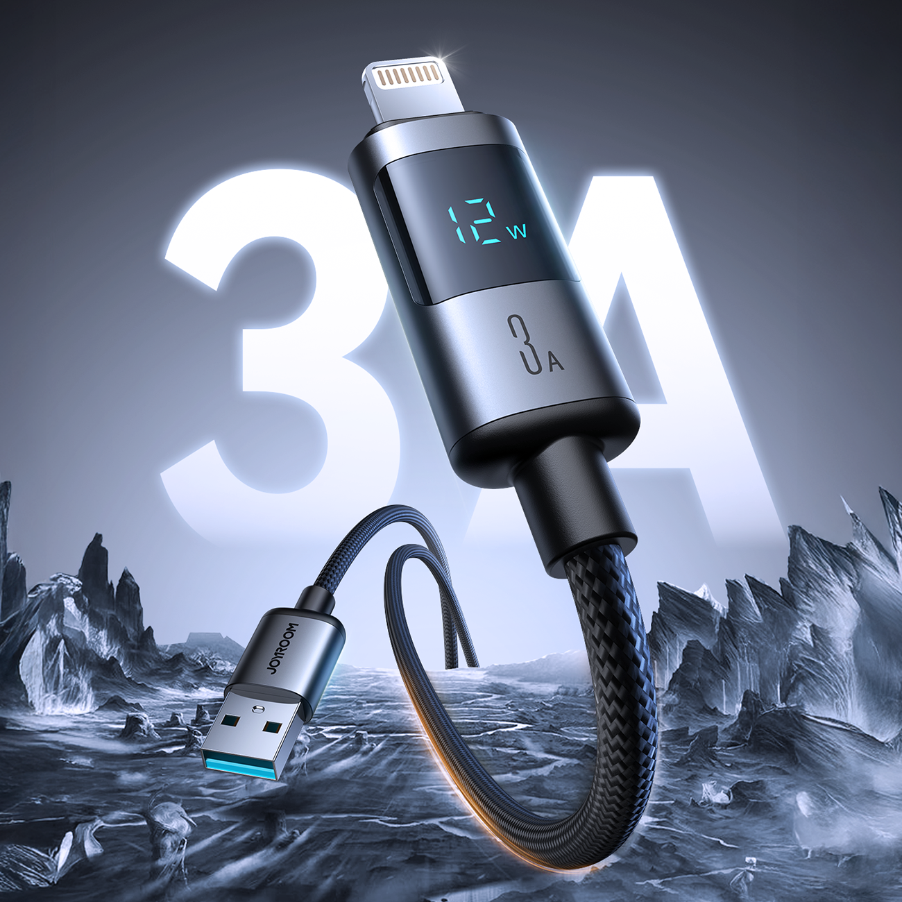 Joyroom S-A16 Pro Prism Series 3A USB-A - Lightning Laidas su ekranu 1.2m - juodas