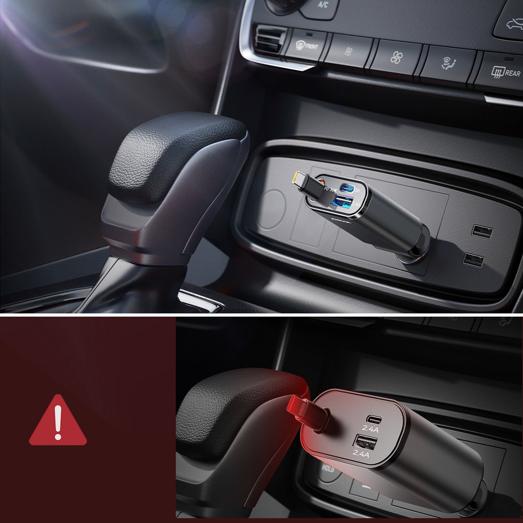 Joyroom automobilių įkroviklis JR-CCL07 3-in-1 su integruotu įtraukiamu laidu, tamsiai pilkas