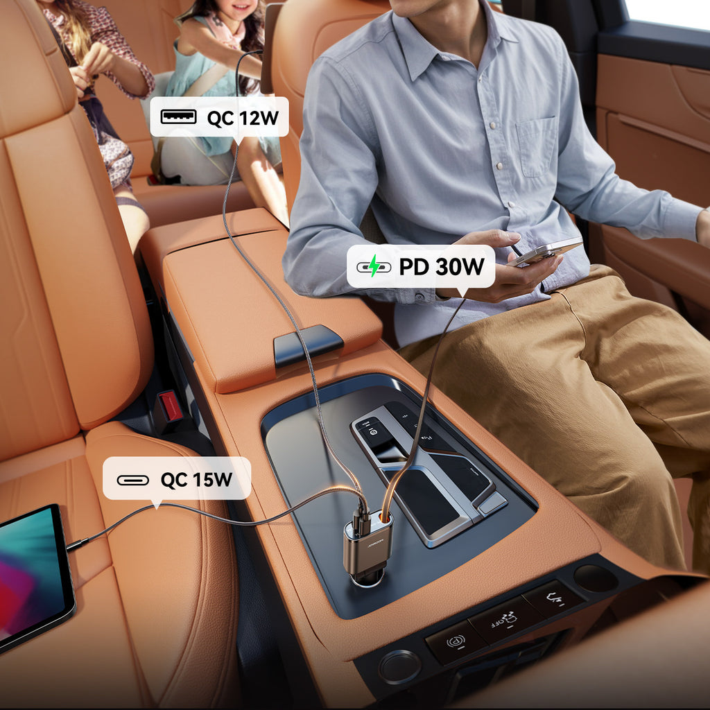 Joyroom automobilių įkroviklis JR-CCL07 3-in-1 su integruotu įtraukiamu laidu, tamsiai pilkas
