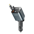 Joyroom automobilių įkroviklis JR-CCL05 30W 4-in-1 su 2 integruotais įtraukiamais laidais, tamsiai pilkas