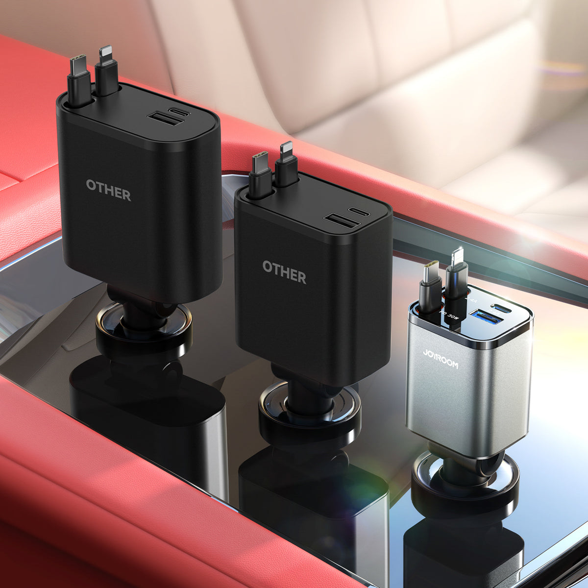 Joyroom automobilių įkroviklis JR-CCL05 30W 4-in-1 su 2 integruotais įtraukiamais laidais, tamsiai pilkas
