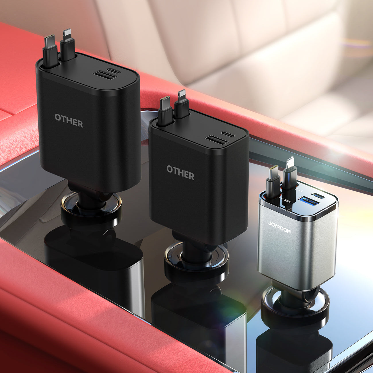 Joyroom automobilių įkroviklis JR-CCL05 30W 4-in-1 su 2 integruotais įtraukiamais laidais, tamsiai pilkas