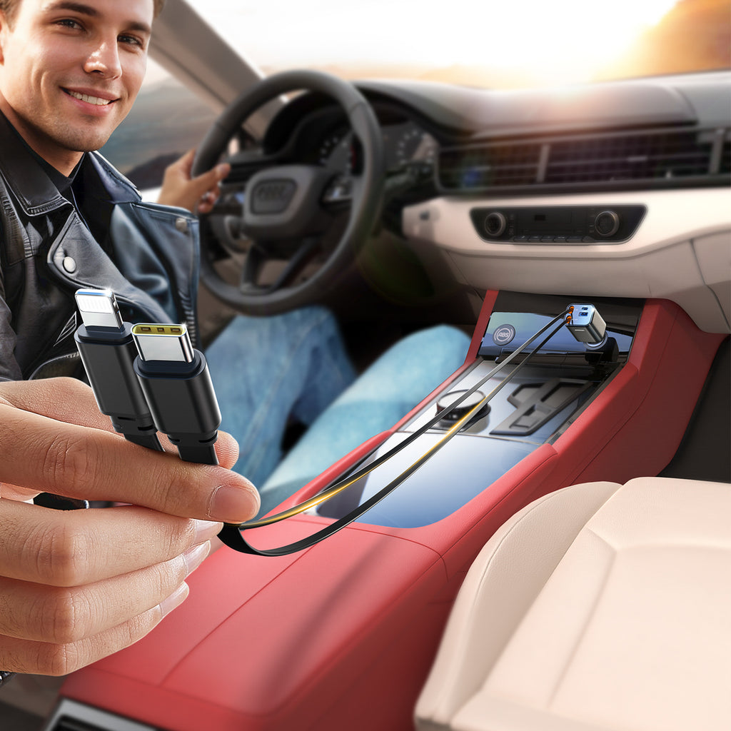 Joyroom automobilių įkroviklis JR-CCL05 30W 4-in-1 su 2 integruotais įtraukiamais laidais, tamsiai pilkas