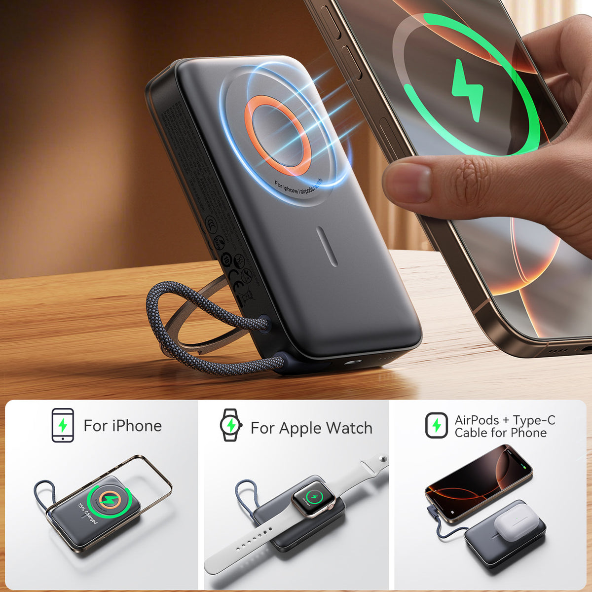 Joyroom išorinė baterija JR-PBM02 22.5W 10000mAh 3in1 magnetinė indukcinė, suderinama su MagSafe, su integruotu laidu juoda