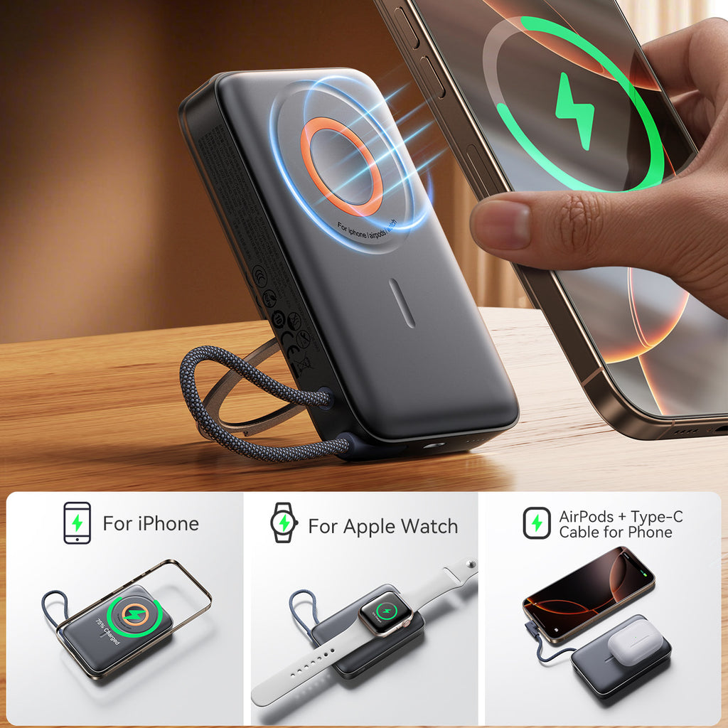 Joyroom išorinė baterija JR-PBM02 22.5W 10000mAh 3in1 magnetinė indukcinė, suderinama su MagSafe, su integruotu laidu juoda