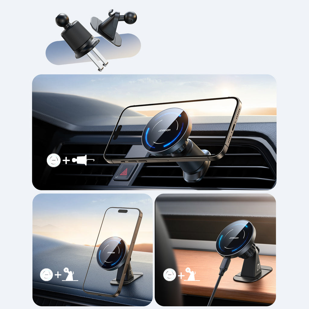 Joyroom JR-ZS502 su MagSafe suderinamas automobilinis laikiklis su belaidžiu įkrovikliu oro grotelėms / prietaisų skydeliui juodas