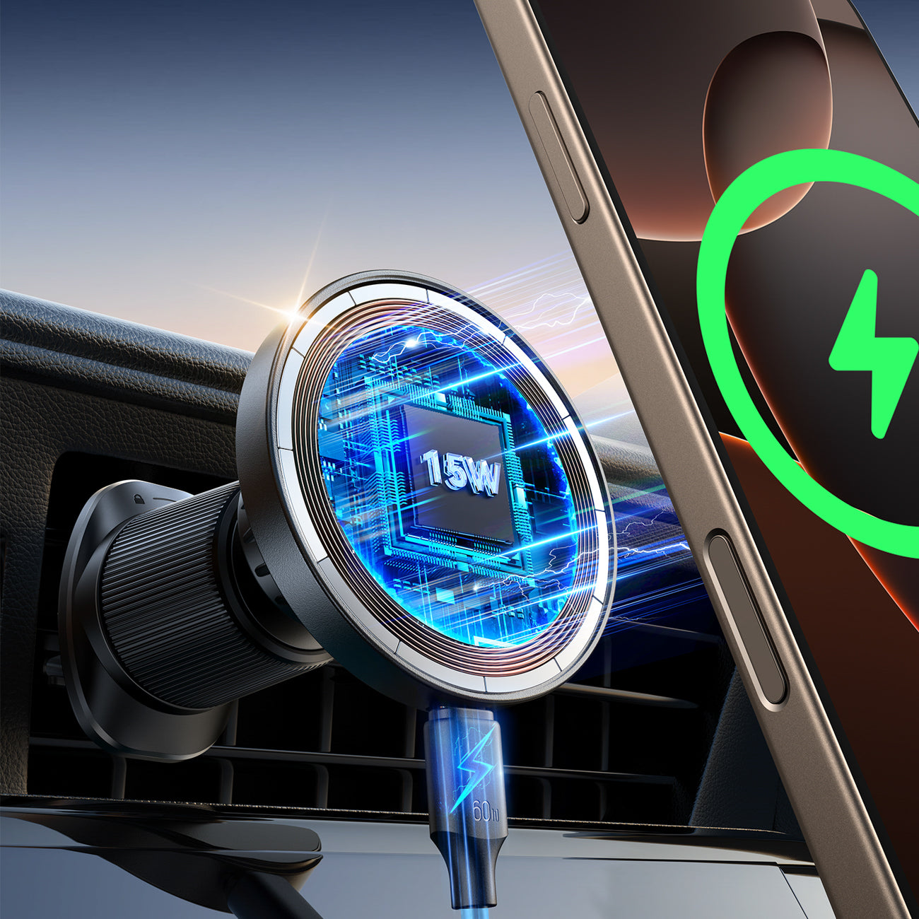 Joyroom JR-ZS502 su MagSafe suderinamas automobilinis laikiklis su belaidžiu įkrovikliu oro grotelėms / prietaisų skydeliui juodas