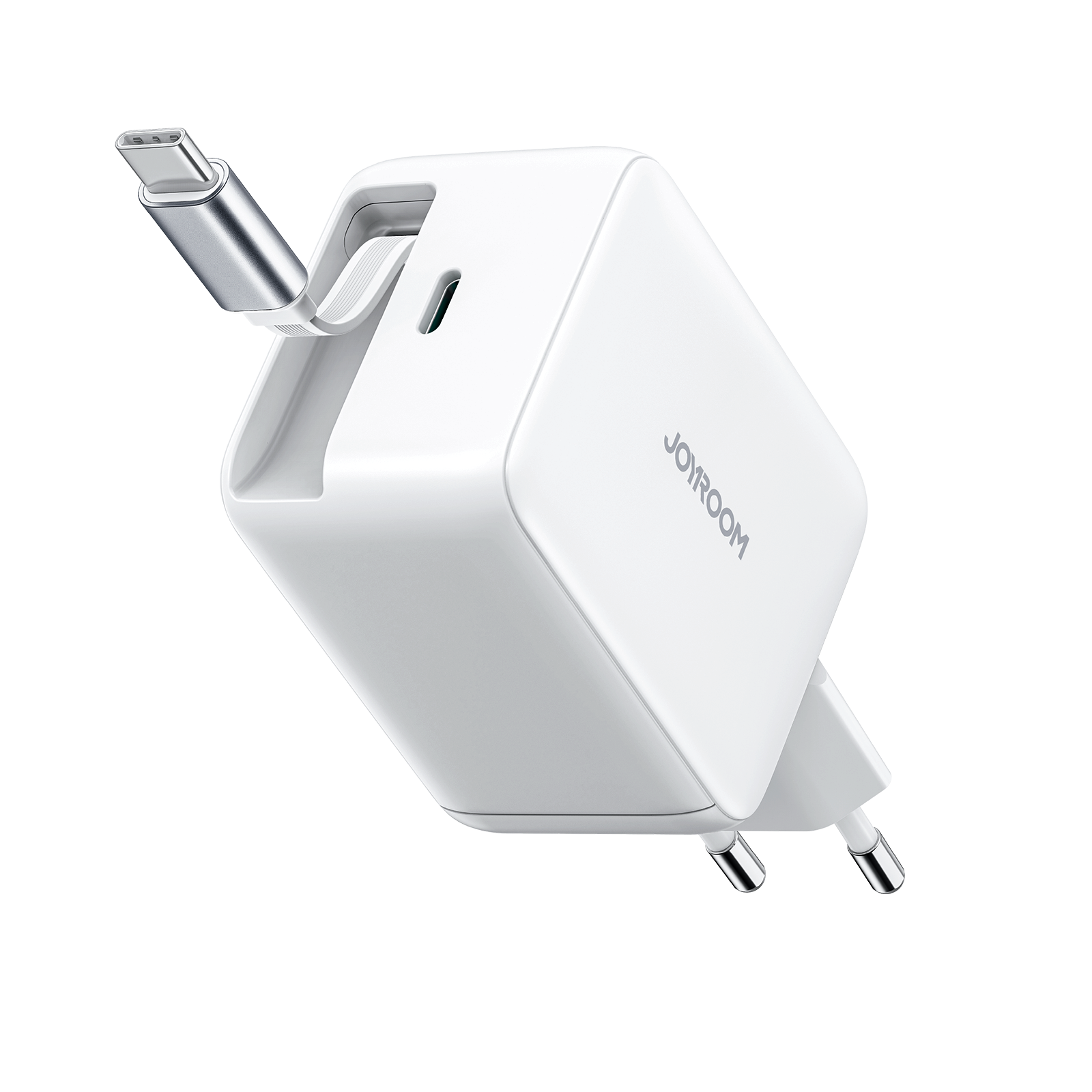 Joyroom JR-TCL06 67W GaN sieninis įkroviklis su integruotu įtraukiamu USB-C laidu - baltas